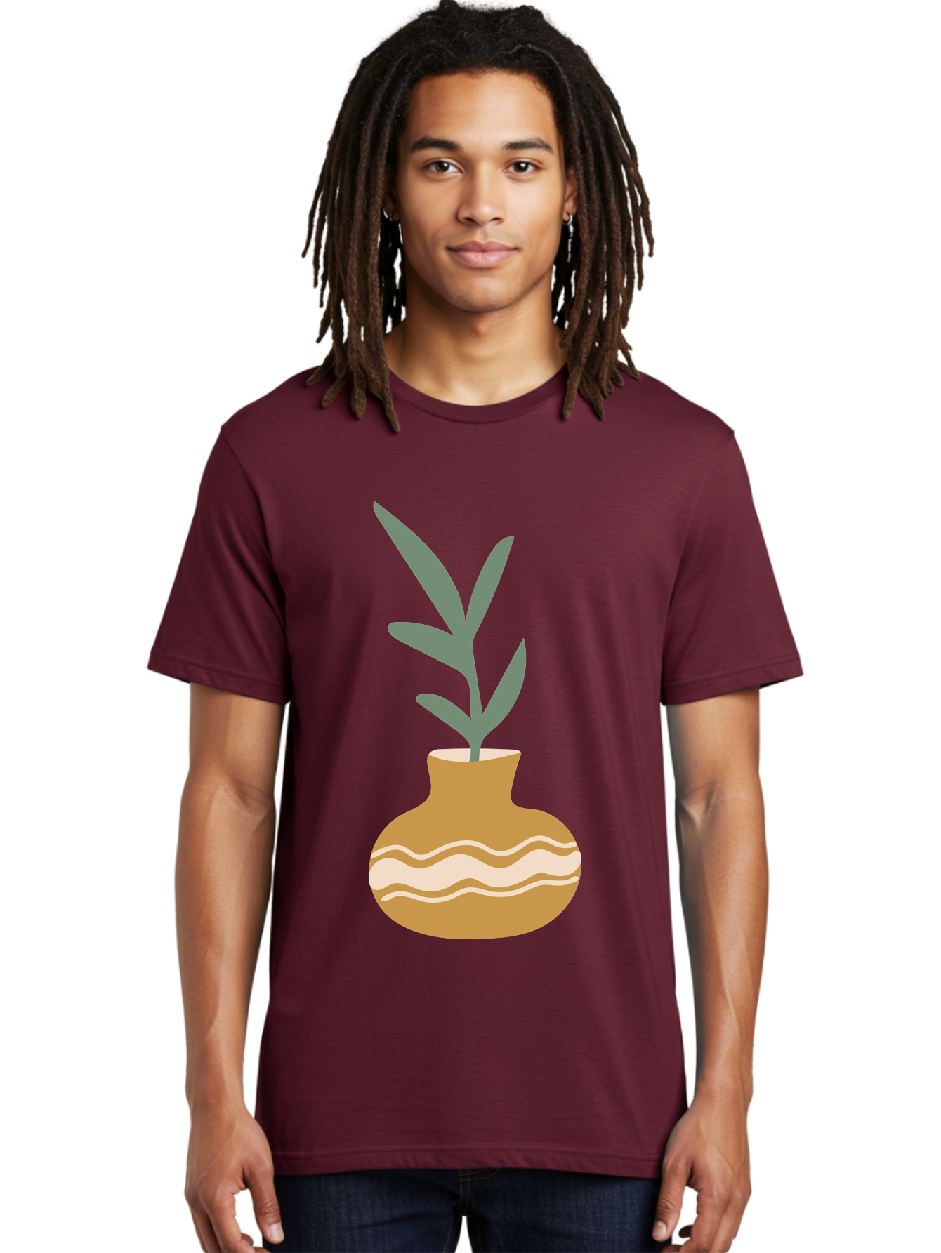 Pot-With-Plant Men'S Graphic Tee, 100% Cotton, Comfortable Casual Summer Wear, Machine Washable, Tan Pot, Wavy Lines, White Accents, Leaves, Plant, Ceramic, Earthy Tones, Simple Design, Botanical Illustration Aae045