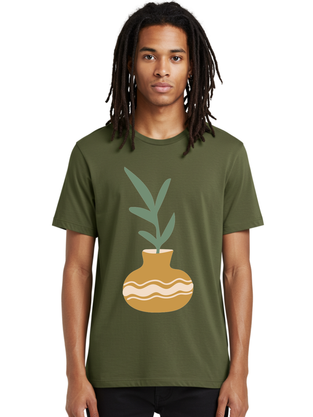 Pot-With-Plant Men'S Graphic Tee, 100% Cotton, Comfortable Casual Summer Wear, Machine Washable, Tan Pot, Wavy Lines, White Accents, Leaves, Plant, Ceramic, Earthy Tones, Simple Design, Botanical Illustration Aae045