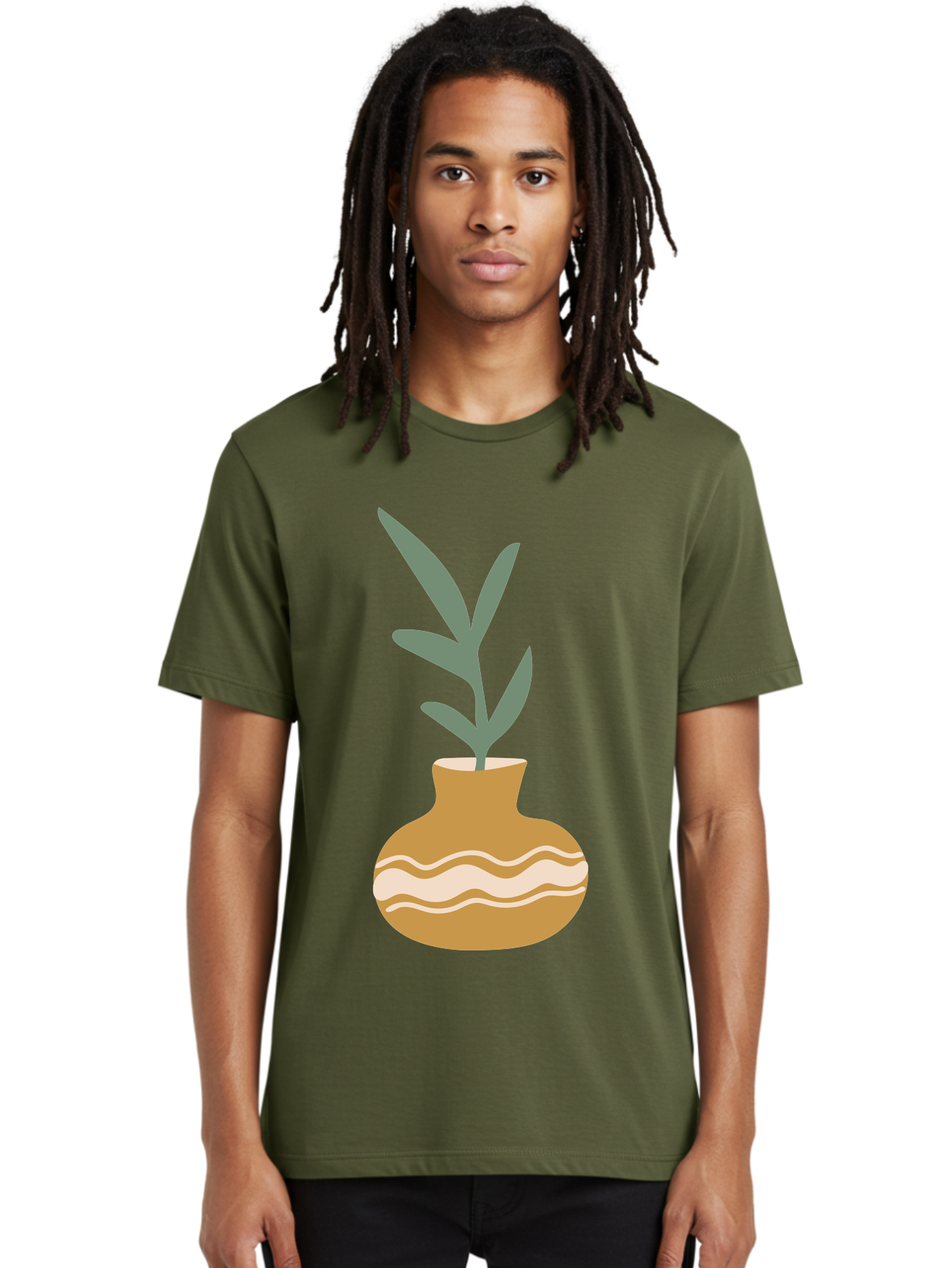 Pot-With-Plant Men'S Graphic Tee, 100% Cotton, Comfortable Casual Summer Wear, Machine Washable, Tan Pot, Wavy Lines, White Accents, Leaves, Plant, Ceramic, Earthy Tones, Simple Design, Botanical Illustration Aae045