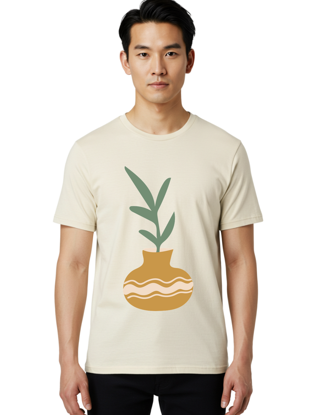 Pot-With-Plant Men'S Graphic Tee, 100% Cotton, Comfortable Casual Summer Wear, Machine Washable, Tan Pot, Wavy Lines, White Accents, Leaves, Plant, Ceramic, Earthy Tones, Simple Design, Botanical Illustration Aae045
