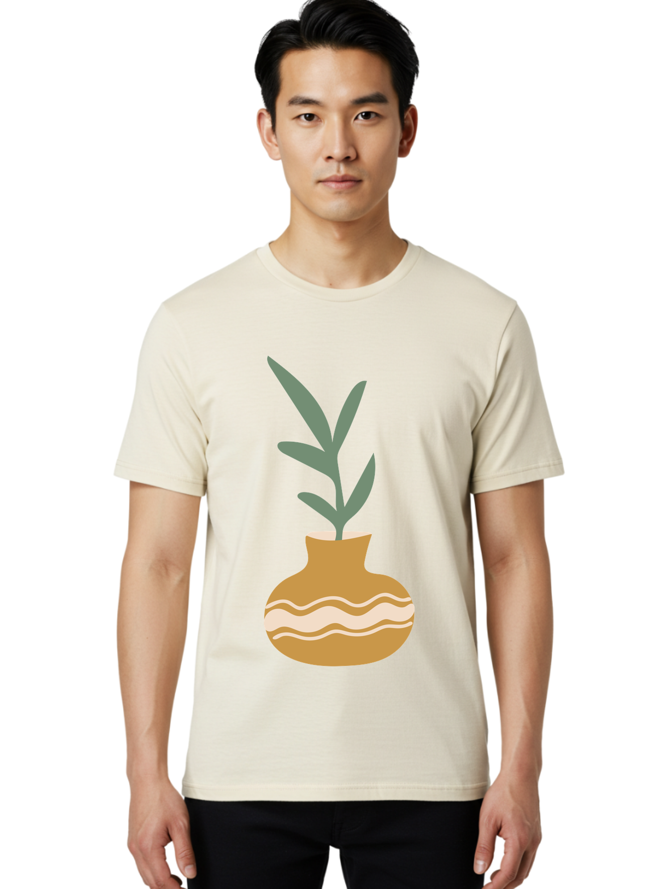Pot-With-Plant Men'S Graphic Tee, 100% Cotton, Comfortable Casual Summer Wear, Machine Washable, Tan Pot, Wavy Lines, White Accents, Leaves, Plant, Ceramic, Earthy Tones, Simple Design, Botanical Illustration Aae045