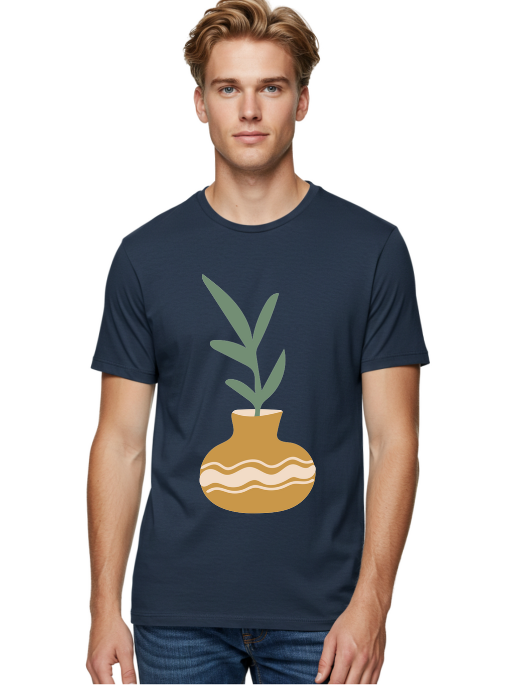 Pot-With-Plant Men'S Graphic Tee, 100% Cotton, Comfortable Casual Summer Wear, Machine Washable, Tan Pot, Wavy Lines, White Accents, Leaves, Plant, Ceramic, Earthy Tones, Simple Design, Botanical Illustration Aae045