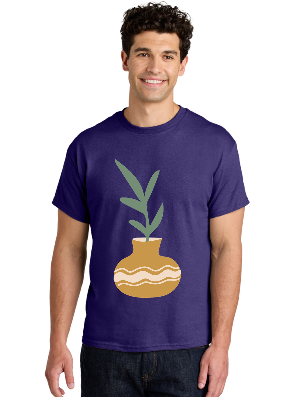 Pot-With-Plant Men'S Graphic Tee, 100% Cotton, Comfortable Casual Summer Wear, Machine Washable, Tan Pot, Wavy Lines, White Accents, Leaves, Plant, Ceramic, Earthy Tones, Simple Design, Botanical Illustration Aae045