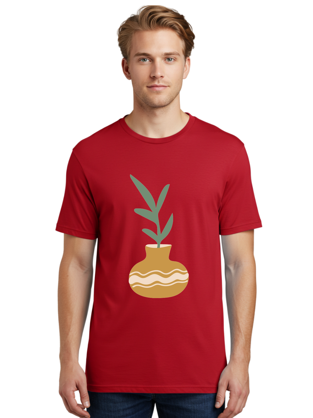 Pot-With-Plant Men'S Graphic Tee, 100% Cotton, Comfortable Casual Summer Wear, Machine Washable, Tan Pot, Wavy Lines, White Accents, Leaves, Plant, Ceramic, Earthy Tones, Simple Design, Botanical Illustration Aae045