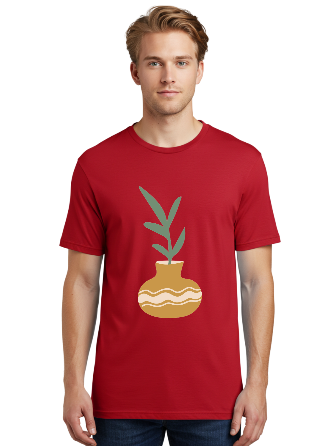 Pot-With-Plant Men'S Graphic Tee, 100% Cotton, Comfortable Casual Summer Wear, Machine Washable, Tan Pot, Wavy Lines, White Accents, Leaves, Plant, Ceramic, Earthy Tones, Simple Design, Botanical Illustration Aae045