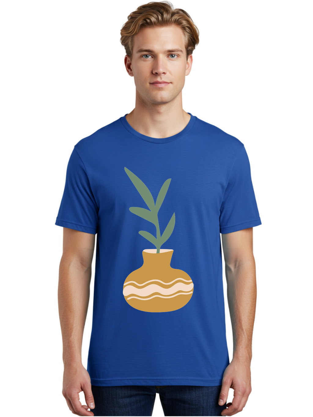 Pot-With-Plant Men'S Graphic Tee, 100% Cotton, Comfortable Casual Summer Wear, Machine Washable, Tan Pot, Wavy Lines, White Accents, Leaves, Plant, Ceramic, Earthy Tones, Simple Design, Botanical Illustration Aae045