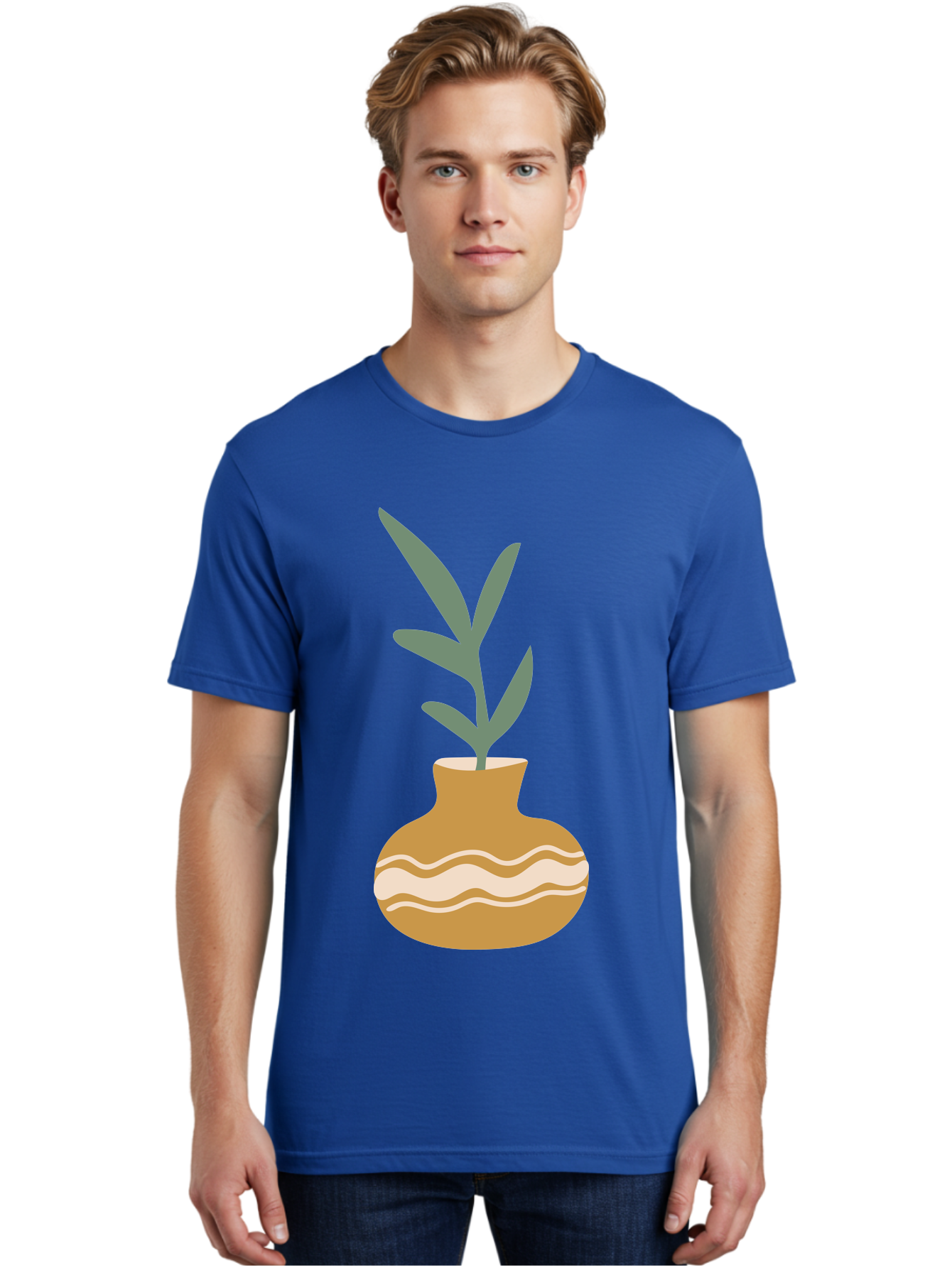 Pot-With-Plant Men'S Graphic Tee, 100% Cotton, Comfortable Casual Summer Wear, Machine Washable, Tan Pot, Wavy Lines, White Accents, Leaves, Plant, Ceramic, Earthy Tones, Simple Design, Botanical Illustration Aae045