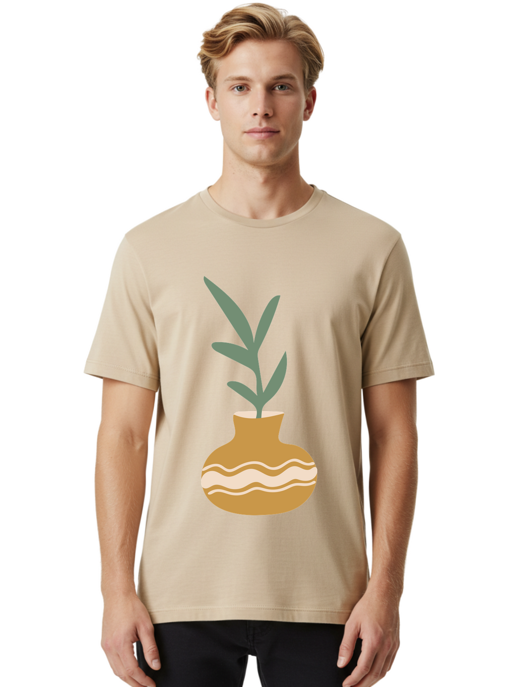 Pot-With-Plant Men'S Graphic Tee, 100% Cotton, Comfortable Casual Summer Wear, Machine Washable, Tan Pot, Wavy Lines, White Accents, Leaves, Plant, Ceramic, Earthy Tones, Simple Design, Botanical Illustration Aae045