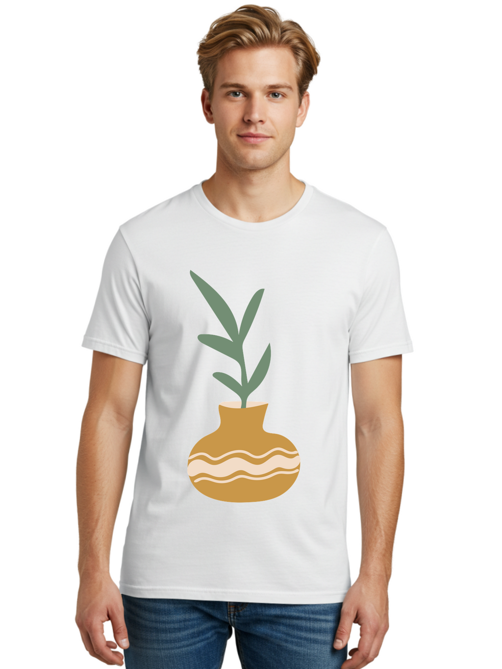 Pot-With-Plant Men'S Graphic Tee, 100% Cotton, Comfortable Casual Summer Wear, Machine Washable, Tan Pot, Wavy Lines, White Accents, Leaves, Plant, Ceramic, Earthy Tones, Simple Design, Botanical Illustration Aae045