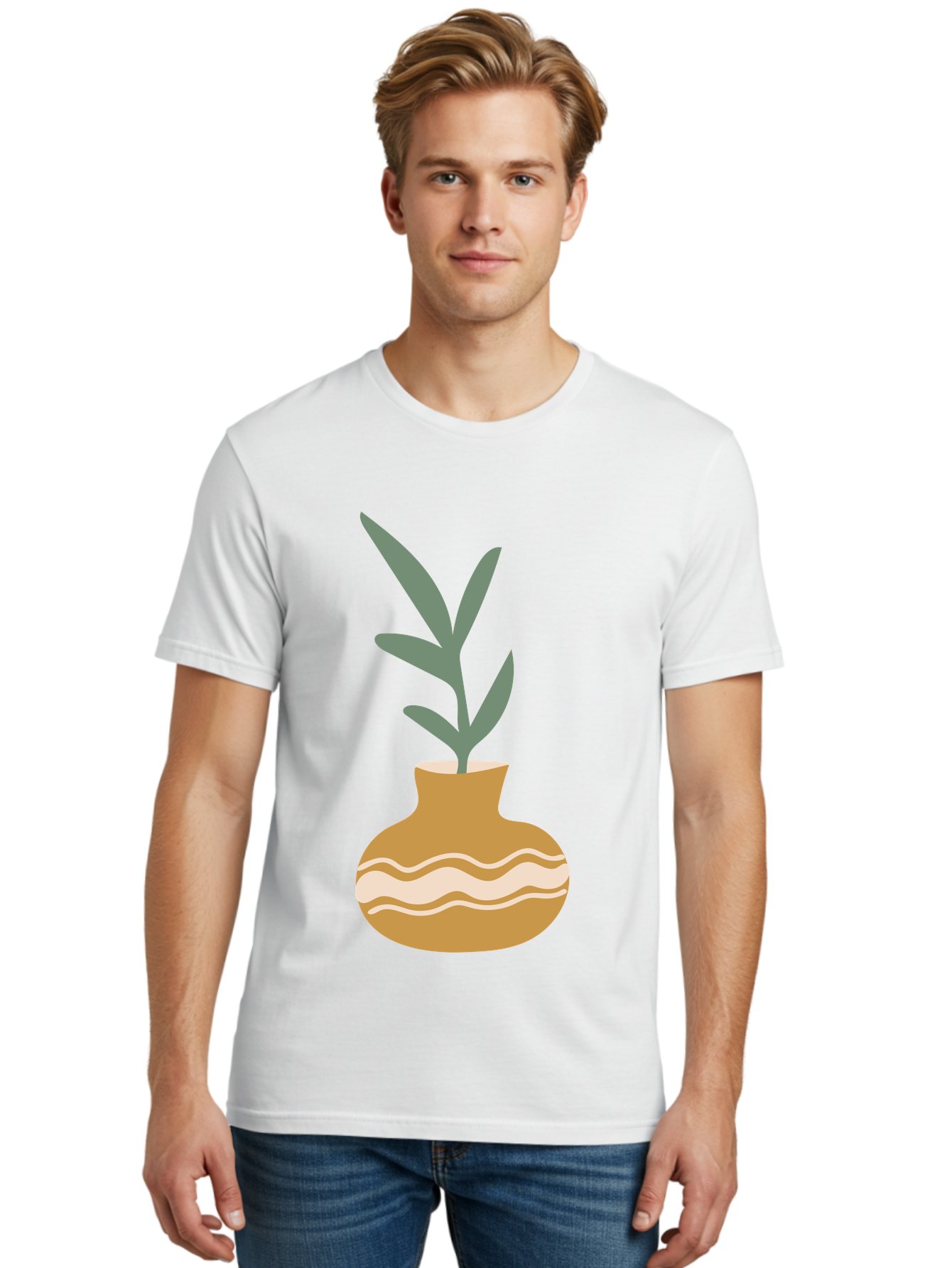 Pot-With-Plant Men'S Graphic Tee, 100% Cotton, Comfortable Casual Summer Wear, Machine Washable, Tan Pot, Wavy Lines, White Accents, Leaves, Plant, Ceramic, Earthy Tones, Simple Design, Botanical Illustration Aae045