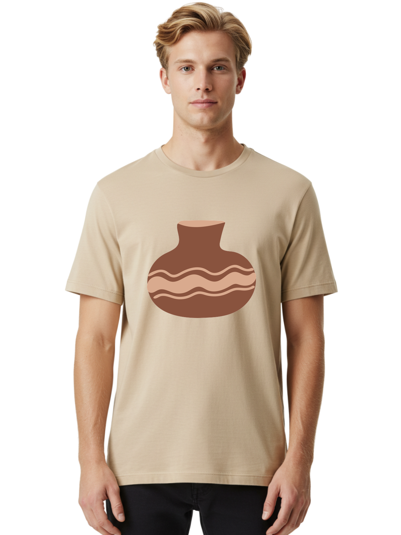 Pottery-Vase Men'S Graphic Tee, 100% Cotton, Comfortable Casual Summer Wear, Machine Washable, Clay Pot, Wavy Stripes, Decorative Design, Earthy Tones, Traditional Pottery, Handmade Ceramics, Simple Elegance, Rustic Charm Aae046
