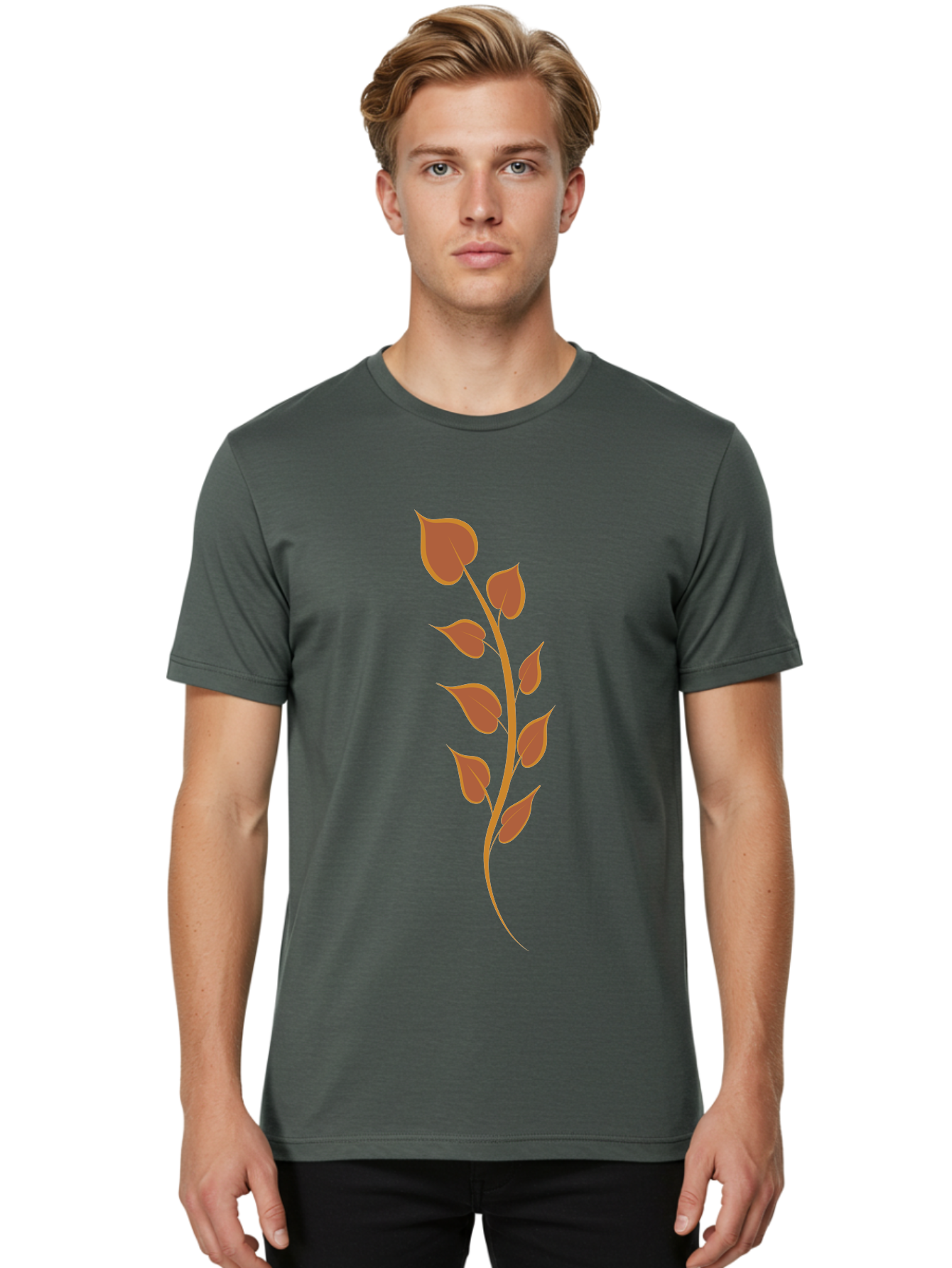 Red-Leaves-Stem Men'S Graphic Tee, 100% Cotton, Comfortable Casual Summer Wear, Machine Washable, Red Stem, Red Leaves, Simple Design, Digital Illustration, Botanical Art, Minimalist Style, Leaf Pattern, Graphic Element Aae048