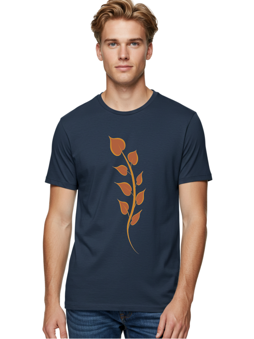 Red-Leaves-Stem Men'S Graphic Tee, 100% Cotton, Comfortable Casual Summer Wear, Machine Washable, Red Stem, Red Leaves, Simple Design, Digital Illustration, Botanical Art, Minimalist Style, Leaf Pattern, Graphic Element Aae048