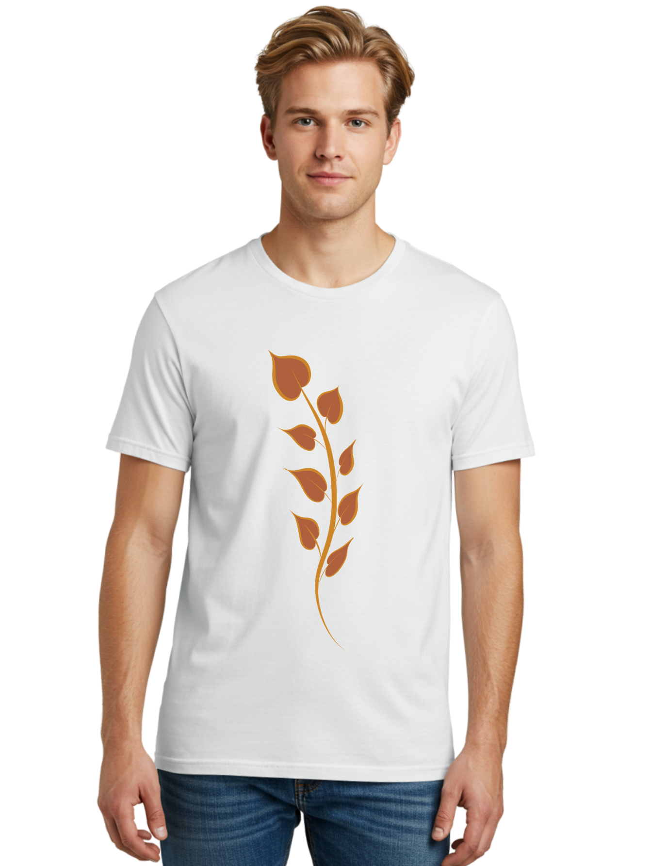 Red-Leaves-Stem Men'S Graphic Tee, 100% Cotton, Comfortable Casual Summer Wear, Machine Washable, Red Stem, Red Leaves, Simple Design, Digital Illustration, Botanical Art, Minimalist Style, Leaf Pattern, Graphic Element Aae048