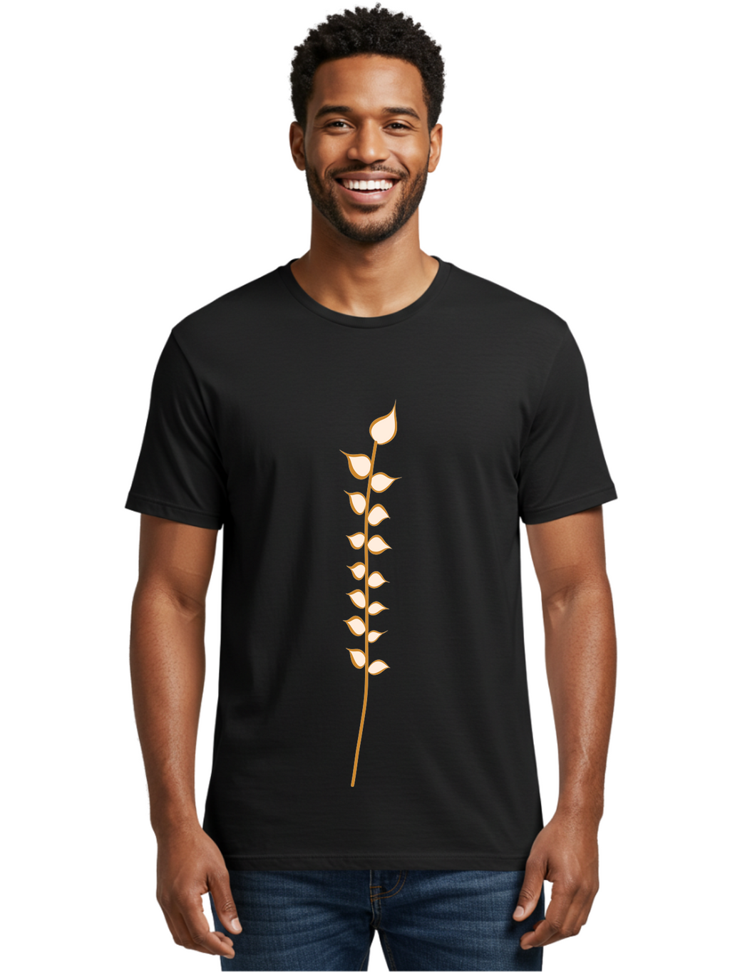 Simple-Stem Men'S Graphic Tee, 100% Cotton, Comfortable Casual Summer Wear, Machine Washable, Stem With Leaves, Simple Design, Minimalist Art, Red Stem, White Leaves, Botanical Illustration, Natural Elements Aae051