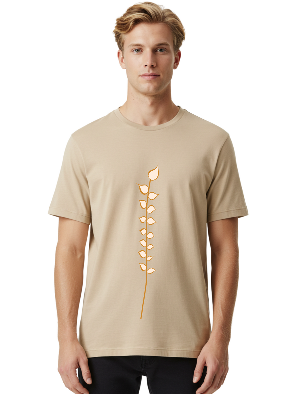 Simple-Stem Men'S Graphic Tee, 100% Cotton, Comfortable Casual Summer Wear, Machine Washable, Stem With Leaves, Simple Design, Minimalist Art, Red Stem, White Leaves, Botanical Illustration, Natural Elements Aae051