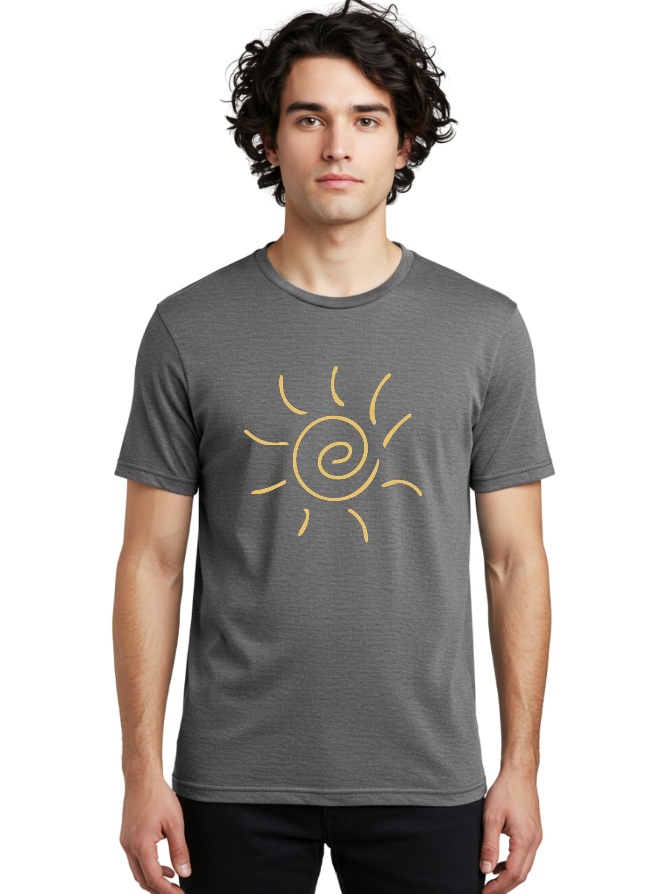 Spiral-Sun Men'S Graphic Tee, 100% Cotton, Comfortable Casual Summer Wear, Machine Washable, Hand-Drawn Sun, Spiral Design, Sunshine Symbol, Simple Illustration, Abstract Art, Yellow Graphics, Modern Icon Aae052
