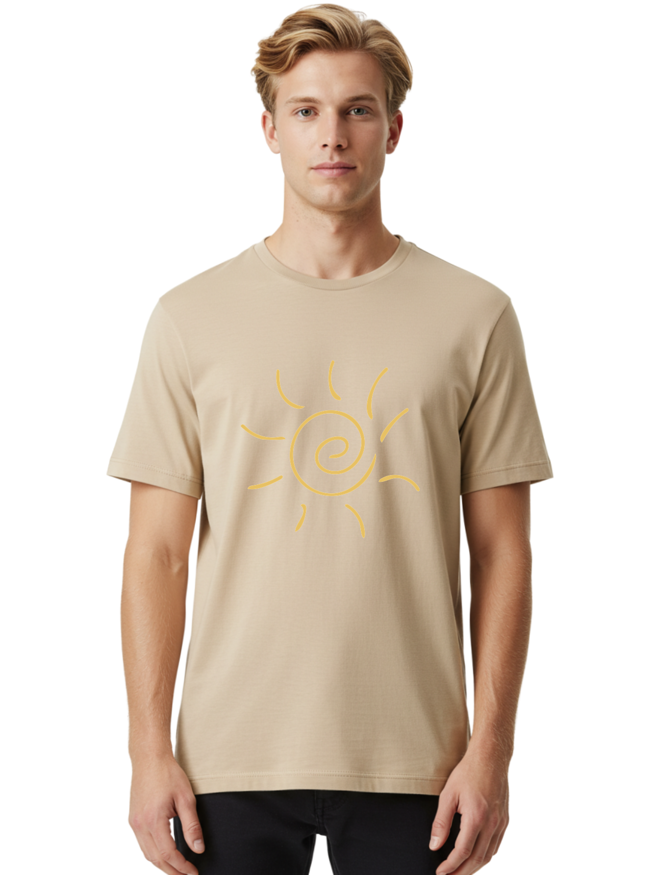 Spiral-Sun Men'S Graphic Tee, 100% Cotton, Comfortable Casual Summer Wear, Machine Washable, Hand-Drawn Sun, Spiral Design, Sunshine Symbol, Simple Illustration, Abstract Art, Yellow Graphics, Modern Icon Aae052