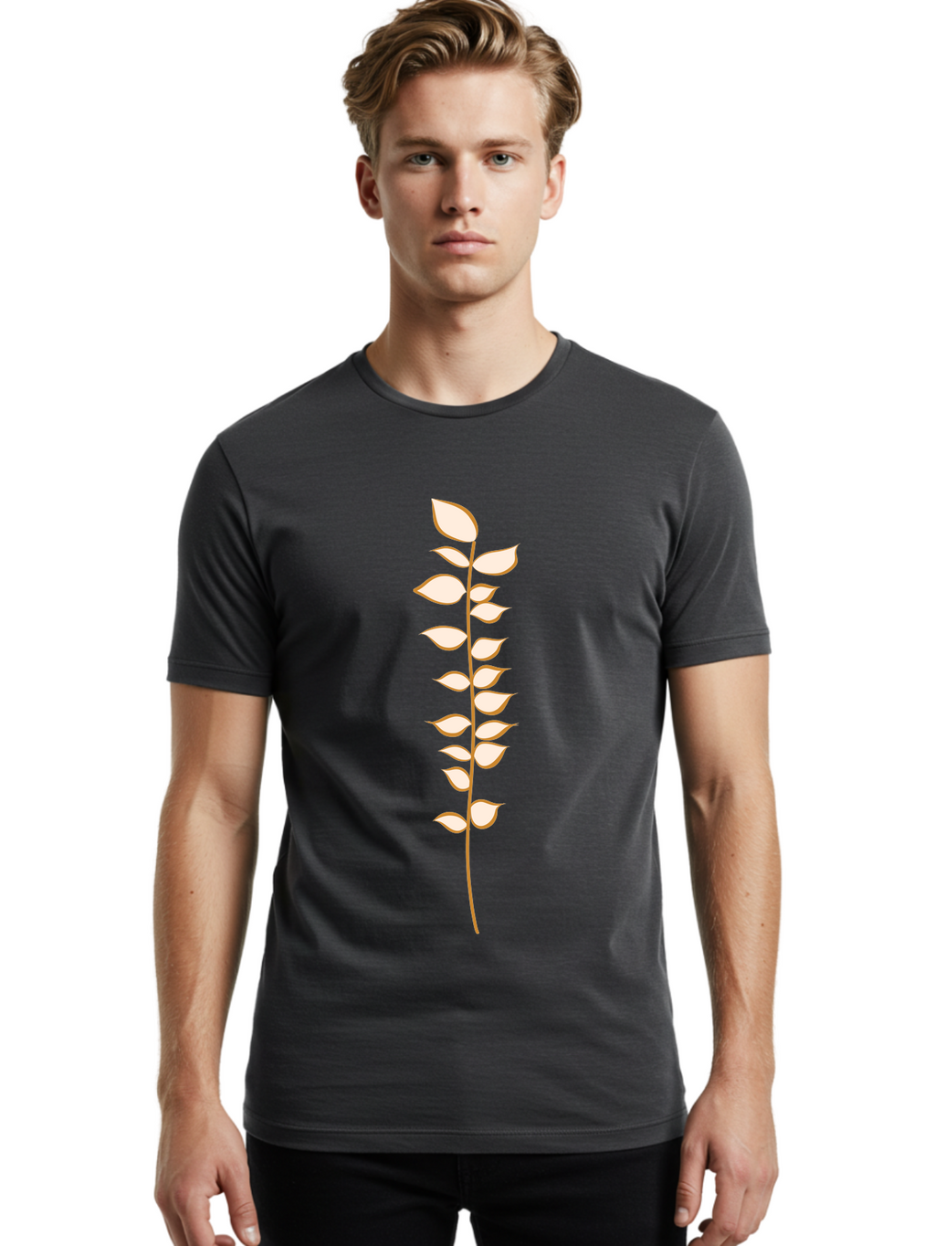 Stem-With-Leaves Men'S Graphic Tee, 100% Cotton, Comfortable Casual Summer Wear, Machine Washable, Stem With Leaves, Minimalist Design, Simple Graphics, Botanical Illustration, Leafy Stem, Digital Art, Modern Graphic Design Aae055