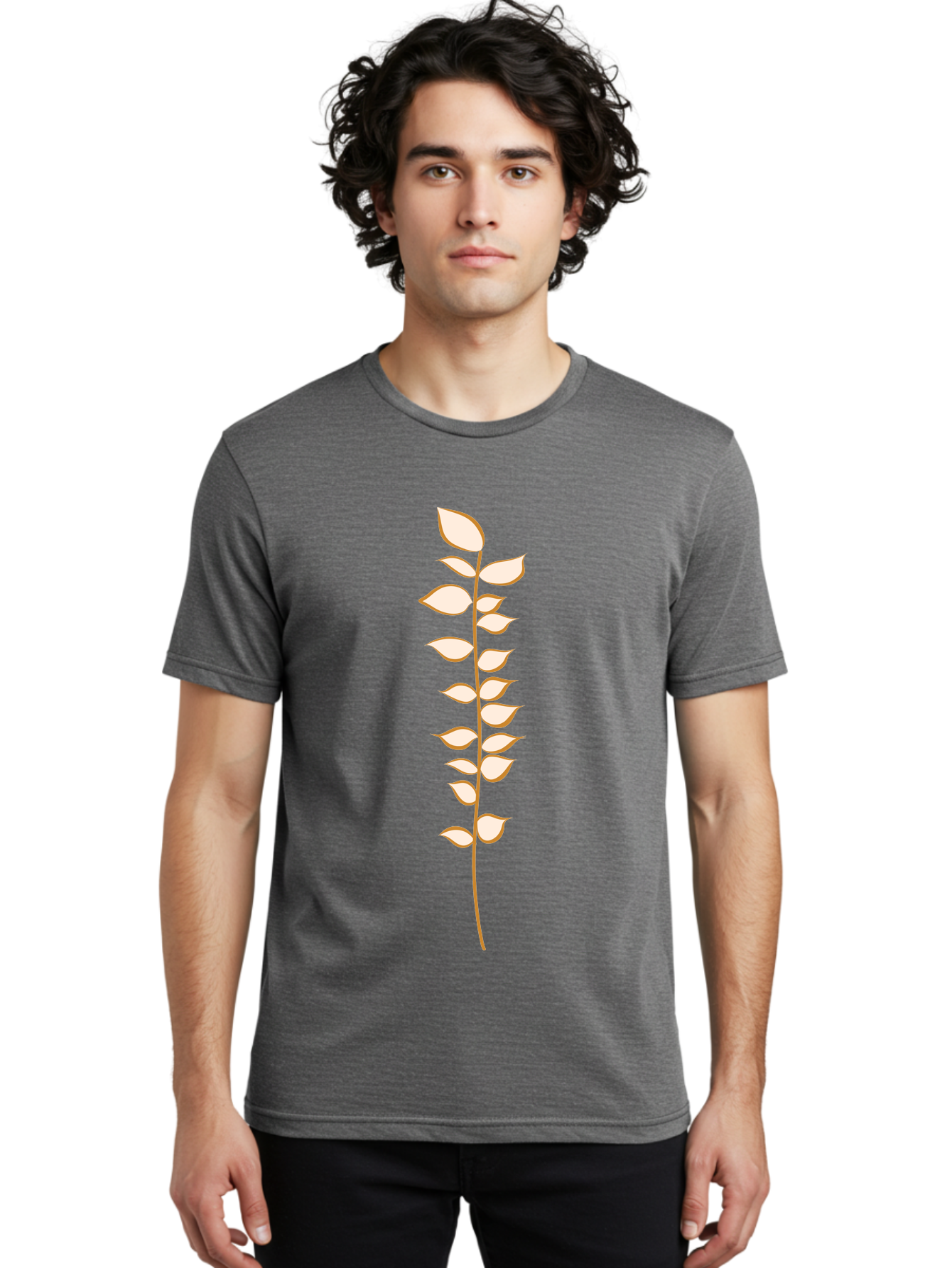Stem-With-Leaves Men'S Graphic Tee, 100% Cotton, Comfortable Casual Summer Wear, Machine Washable, Stem With Leaves, Minimalist Design, Simple Graphics, Botanical Illustration, Leafy Stem, Digital Art, Modern Graphic Design Aae055