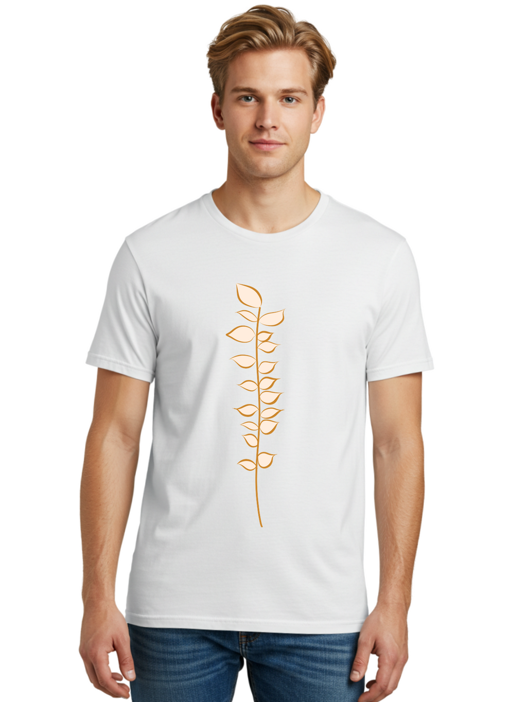 Stem-With-Leaves Men'S Graphic Tee, 100% Cotton, Comfortable Casual Summer Wear, Machine Washable, Stem With Leaves, Minimalist Design, Simple Graphics, Botanical Illustration, Leafy Stem, Digital Art, Modern Graphic Design Aae055