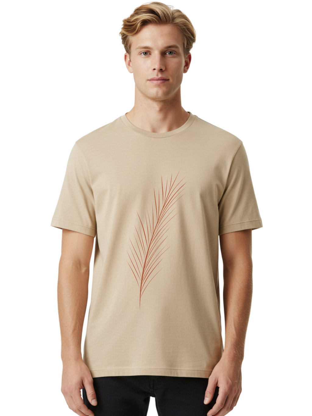Stylized-Feather Men'S Graphic Tee, 100% Cotton, Comfortable Casual Summer Wear, Machine Washable, Red Twig, Thin Branches, Minimalist Design, Simple Shapes, Abstract Art, Digital Illustration, Modern Graphics Aae056
