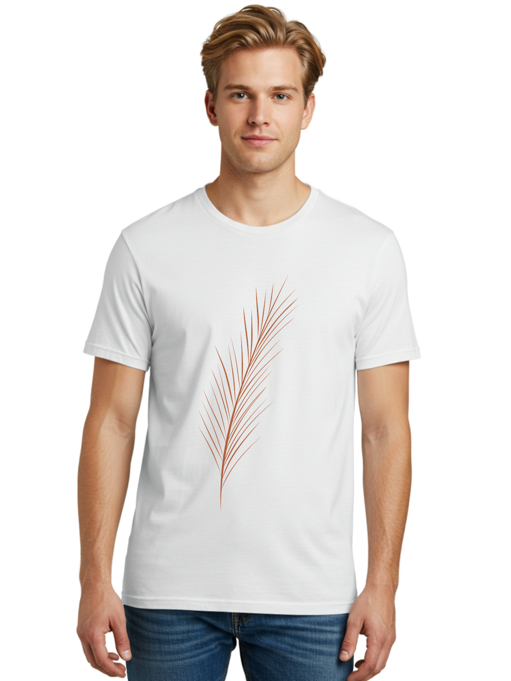 Stylized-Feather Men'S Graphic Tee, 100% Cotton, Comfortable Casual Summer Wear, Machine Washable, Red Twig, Thin Branches, Minimalist Design, Simple Shapes, Abstract Art, Digital Illustration, Modern Graphics Aae056