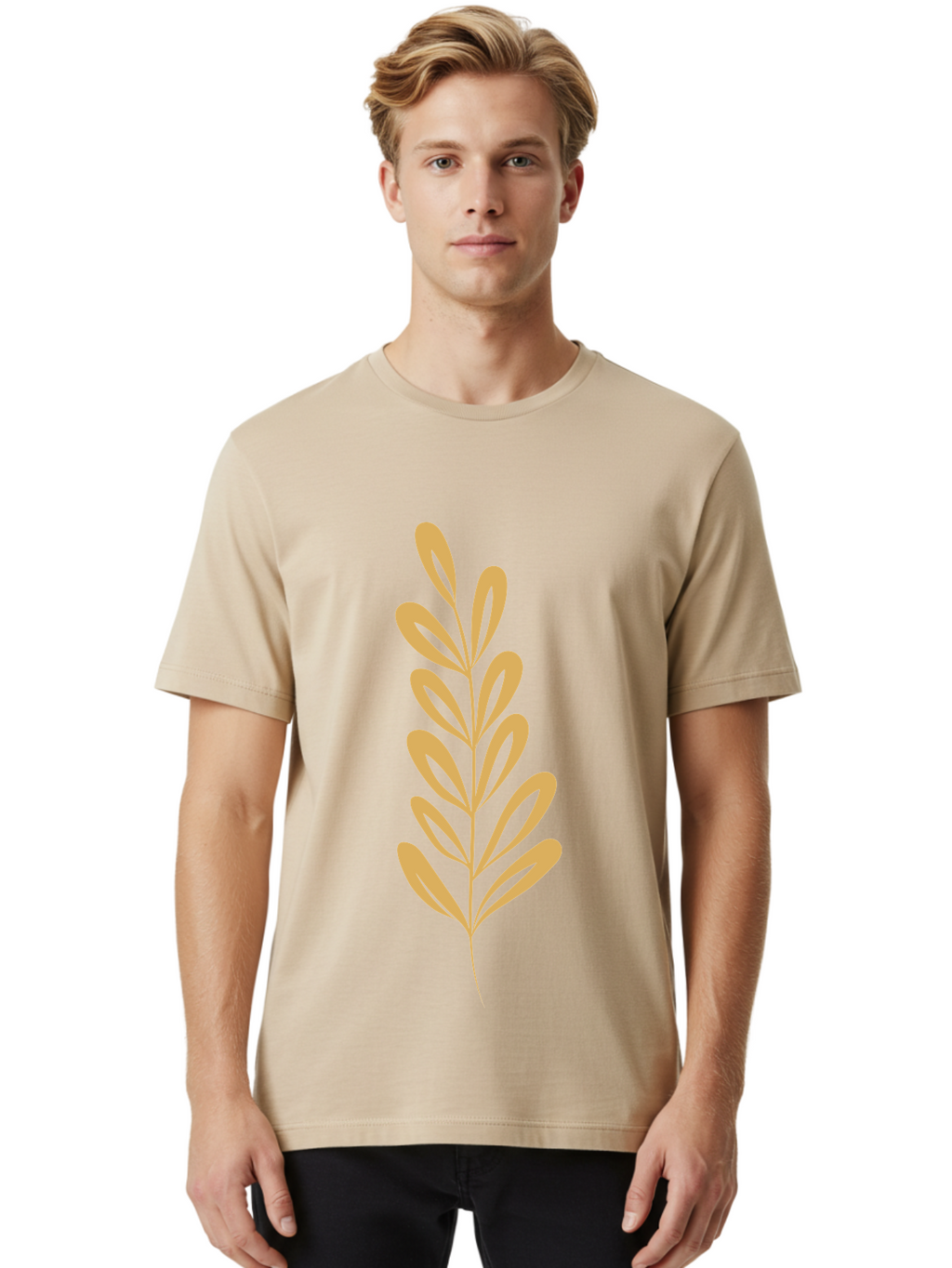 Tan-Branch Men'S Graphic Tee, 100% Cotton, Comfortable Casual Summer Wear, Machine Washable, Tan Leaf, Minimalist Design, Simple Graphics, Leaf Illustration, Foliage, Nature-Inspired, Botanical Art, Graphic Element, Abstract Leaf Aae057