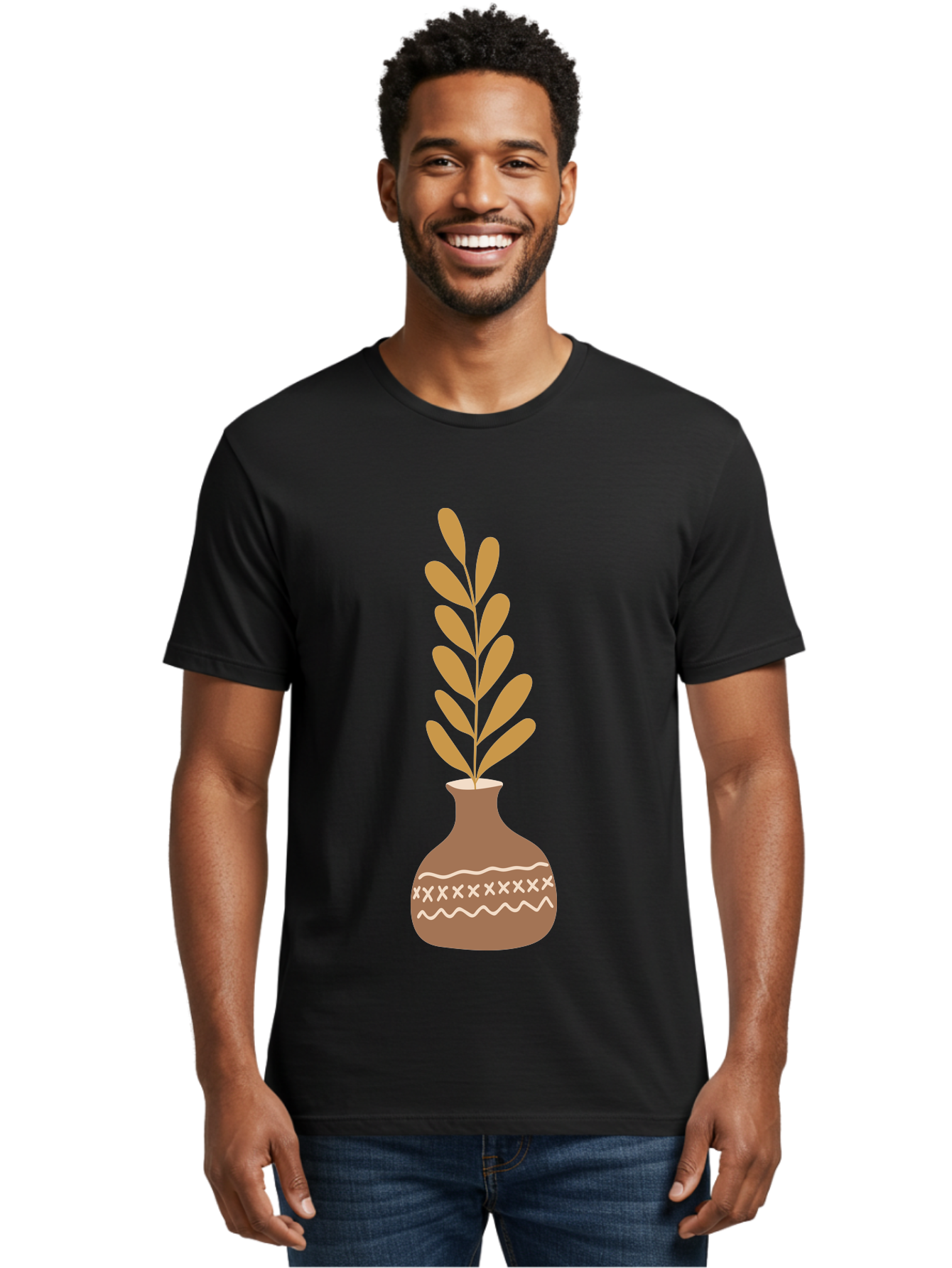Terracotta-Vase-With-Plant Men'S Graphic Tee, 100% Cotton, Comfortable Casual Summer Wear, Machine Washable, Clay Pot, Decorative Vase, Potted Plant, Earthy Tones, Simple Design, Bohemian Style, Minimalist Art, Home Decor, Natural Elements Aae059