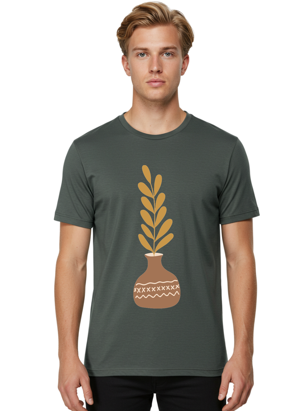 Terracotta-Vase-With-Plant Men'S Graphic Tee, 100% Cotton, Comfortable Casual Summer Wear, Machine Washable, Clay Pot, Decorative Vase, Potted Plant, Earthy Tones, Simple Design, Bohemian Style, Minimalist Art, Home Decor, Natural Elements Aae059