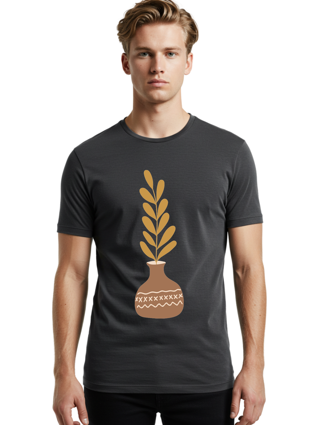 Terracotta-Vase-With-Plant Men'S Graphic Tee, 100% Cotton, Comfortable Casual Summer Wear, Machine Washable, Clay Pot, Decorative Vase, Potted Plant, Earthy Tones, Simple Design, Bohemian Style, Minimalist Art, Home Decor, Natural Elements Aae059