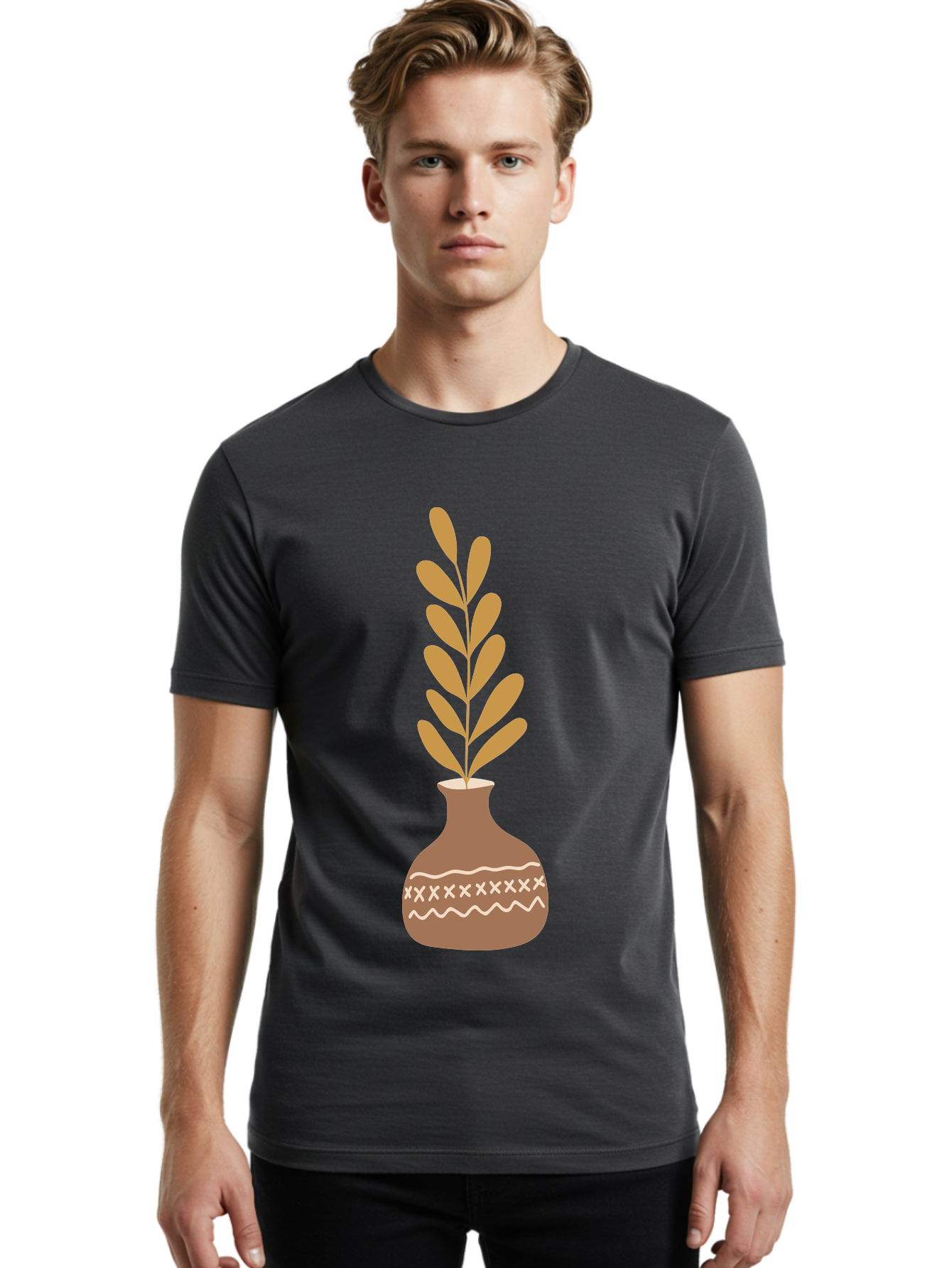 Terracotta-Vase-With-Plant Men'S Graphic Tee, 100% Cotton, Comfortable Casual Summer Wear, Machine Washable, Clay Pot, Decorative Vase, Potted Plant, Earthy Tones, Simple Design, Bohemian Style, Minimalist Art, Home Decor, Natural Elements Aae059