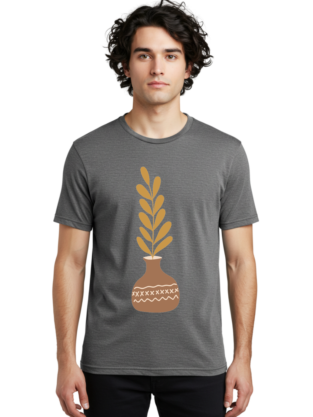 Terracotta-Vase-With-Plant Men'S Graphic Tee, 100% Cotton, Comfortable Casual Summer Wear, Machine Washable, Clay Pot, Decorative Vase, Potted Plant, Earthy Tones, Simple Design, Bohemian Style, Minimalist Art, Home Decor, Natural Elements Aae059