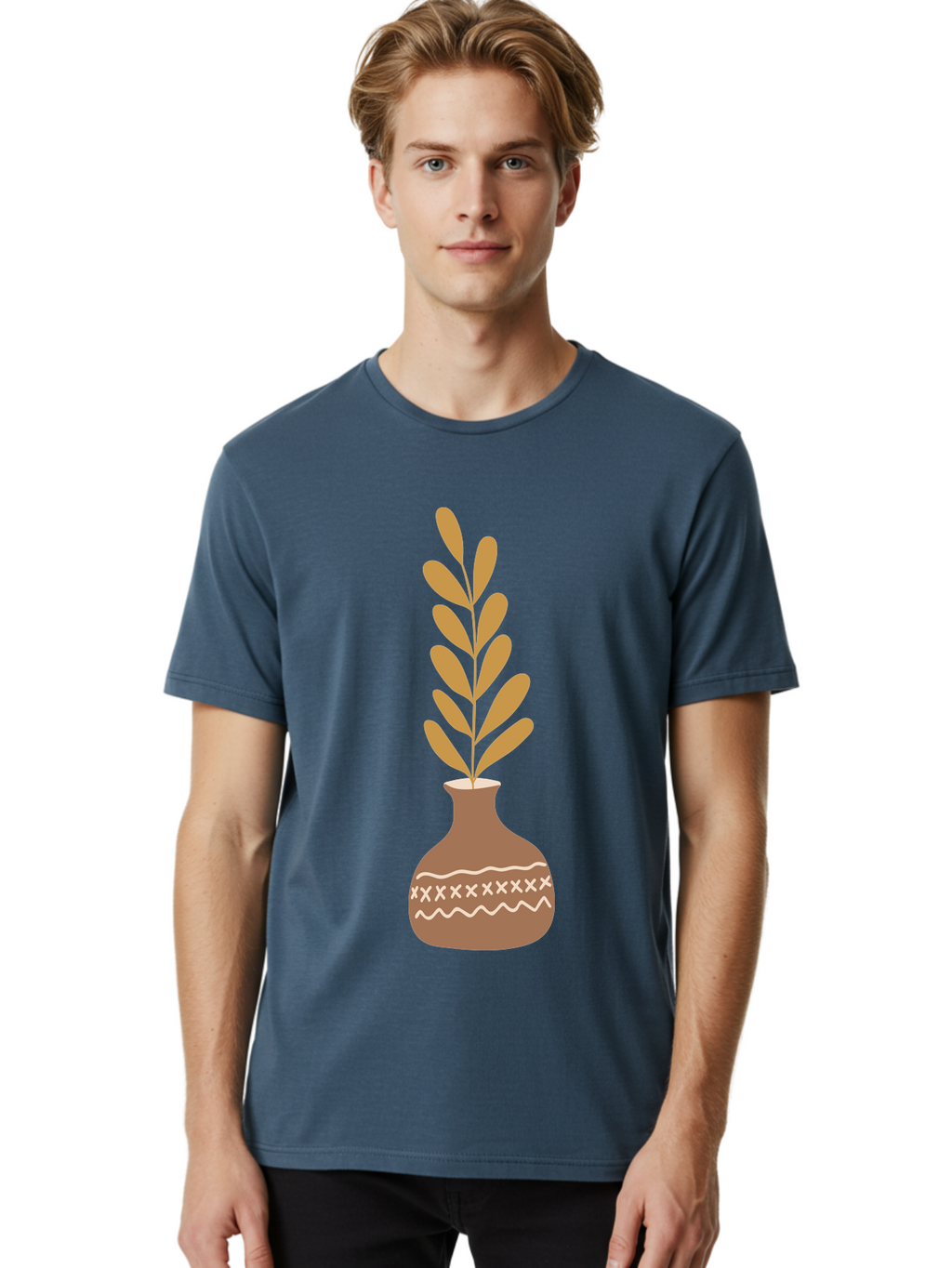 Terracotta-Vase-With-Plant Men'S Graphic Tee, 100% Cotton, Comfortable Casual Summer Wear, Machine Washable, Clay Pot, Decorative Vase, Potted Plant, Earthy Tones, Simple Design, Bohemian Style, Minimalist Art, Home Decor, Natural Elements Aae059
