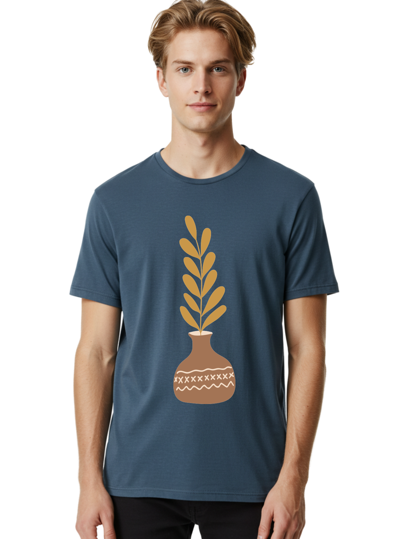 Terracotta-Vase-With-Plant Men'S Graphic Tee, 100% Cotton, Comfortable Casual Summer Wear, Machine Washable, Clay Pot, Decorative Vase, Potted Plant, Earthy Tones, Simple Design, Bohemian Style, Minimalist Art, Home Decor, Natural Elements Aae059