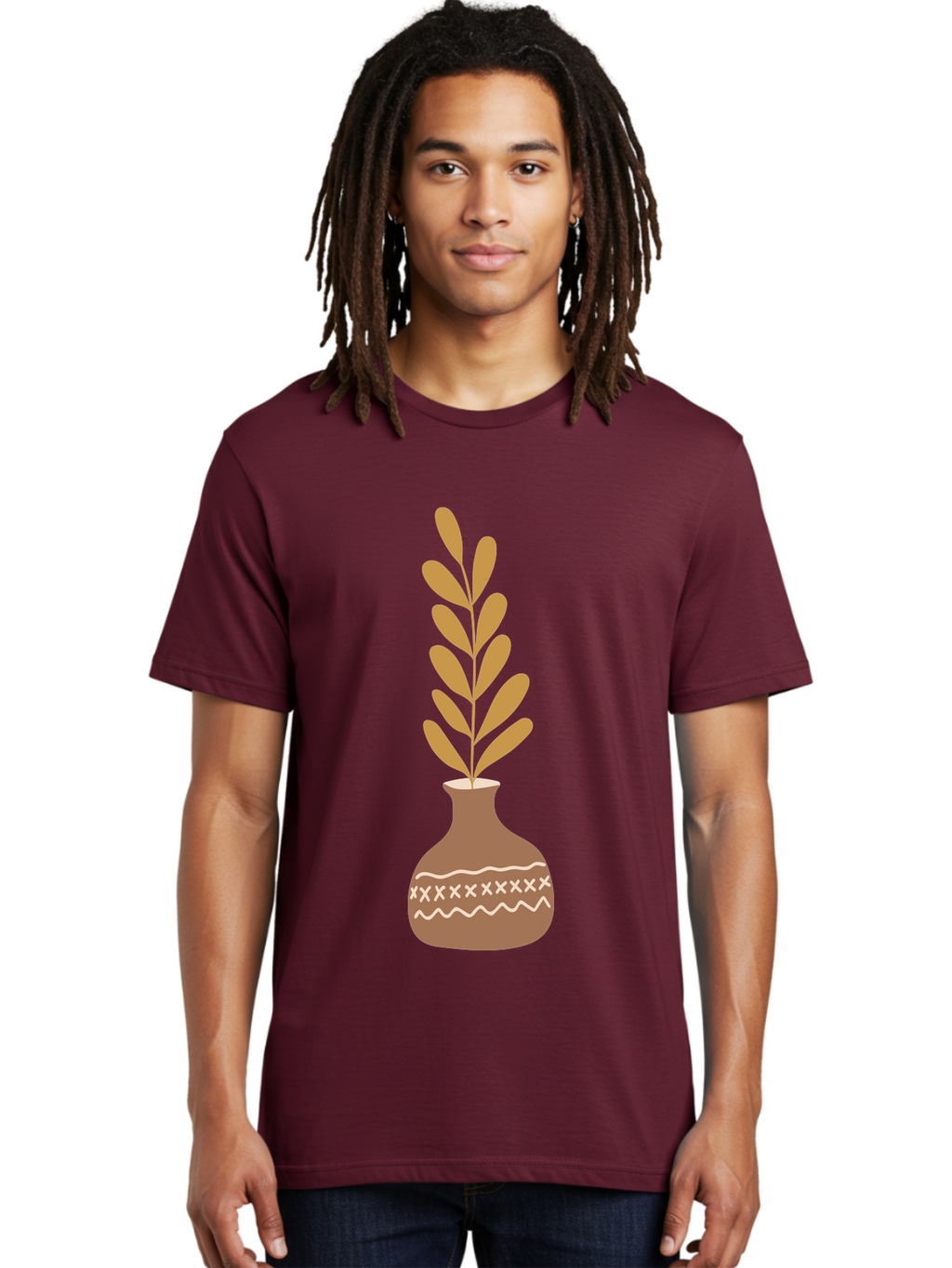 Terracotta-Vase-With-Plant Men'S Graphic Tee, 100% Cotton, Comfortable Casual Summer Wear, Machine Washable, Clay Pot, Decorative Vase, Potted Plant, Earthy Tones, Simple Design, Bohemian Style, Minimalist Art, Home Decor, Natural Elements Aae059