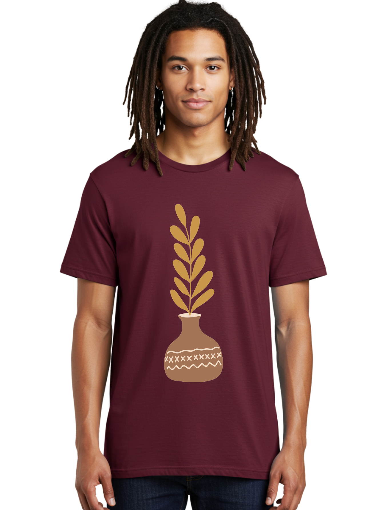 Terracotta-Vase-With-Plant Men'S Graphic Tee, 100% Cotton, Comfortable Casual Summer Wear, Machine Washable, Clay Pot, Decorative Vase, Potted Plant, Earthy Tones, Simple Design, Bohemian Style, Minimalist Art, Home Decor, Natural Elements Aae059