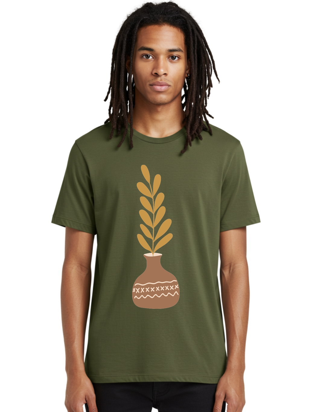 Terracotta-Vase-With-Plant Men'S Graphic Tee, 100% Cotton, Comfortable Casual Summer Wear, Machine Washable, Clay Pot, Decorative Vase, Potted Plant, Earthy Tones, Simple Design, Bohemian Style, Minimalist Art, Home Decor, Natural Elements Aae059