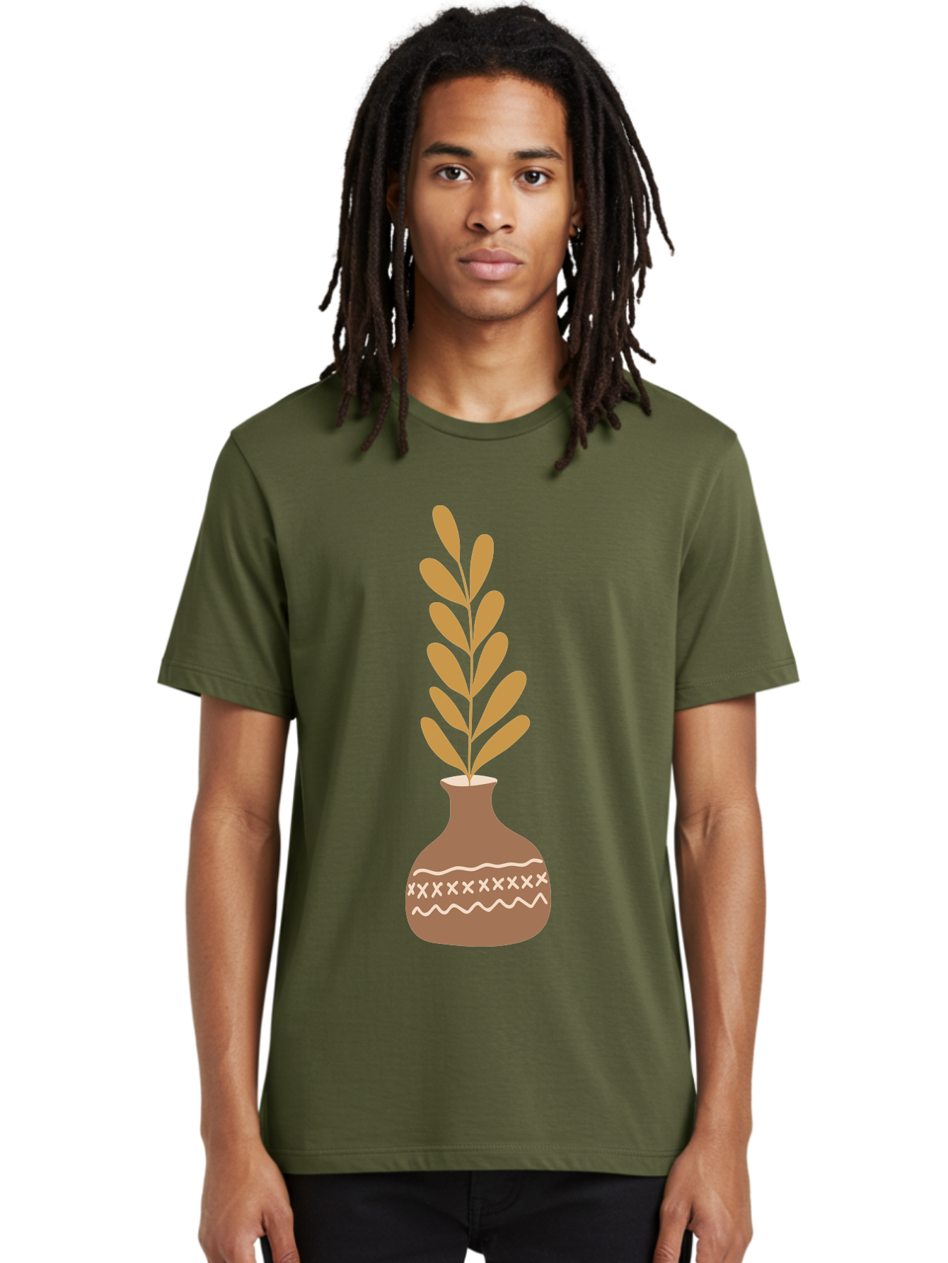 Terracotta-Vase-With-Plant Men'S Graphic Tee, 100% Cotton, Comfortable Casual Summer Wear, Machine Washable, Clay Pot, Decorative Vase, Potted Plant, Earthy Tones, Simple Design, Bohemian Style, Minimalist Art, Home Decor, Natural Elements Aae059