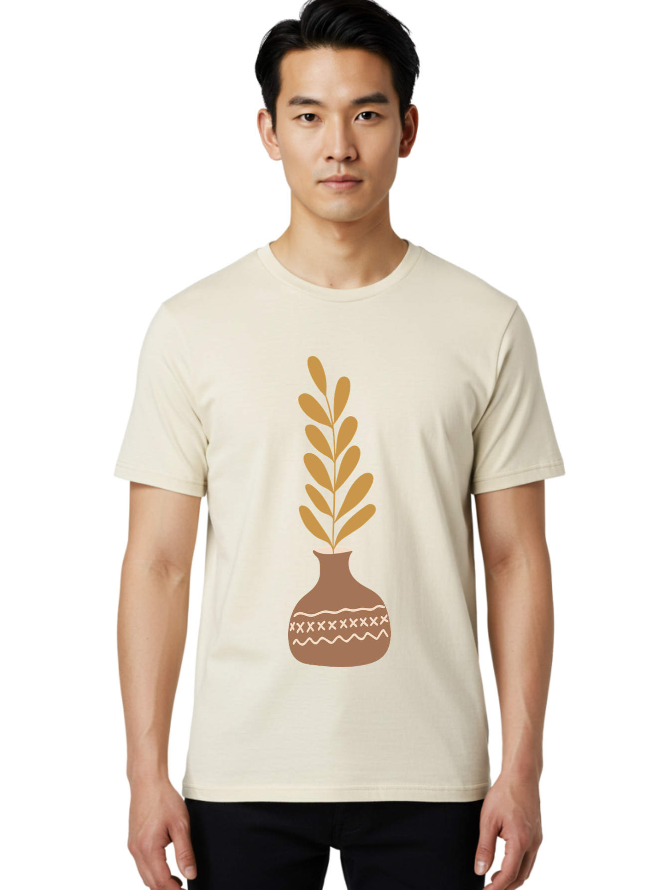 Terracotta-Vase-With-Plant Men'S Graphic Tee, 100% Cotton, Comfortable Casual Summer Wear, Machine Washable, Clay Pot, Decorative Vase, Potted Plant, Earthy Tones, Simple Design, Bohemian Style, Minimalist Art, Home Decor, Natural Elements Aae059
