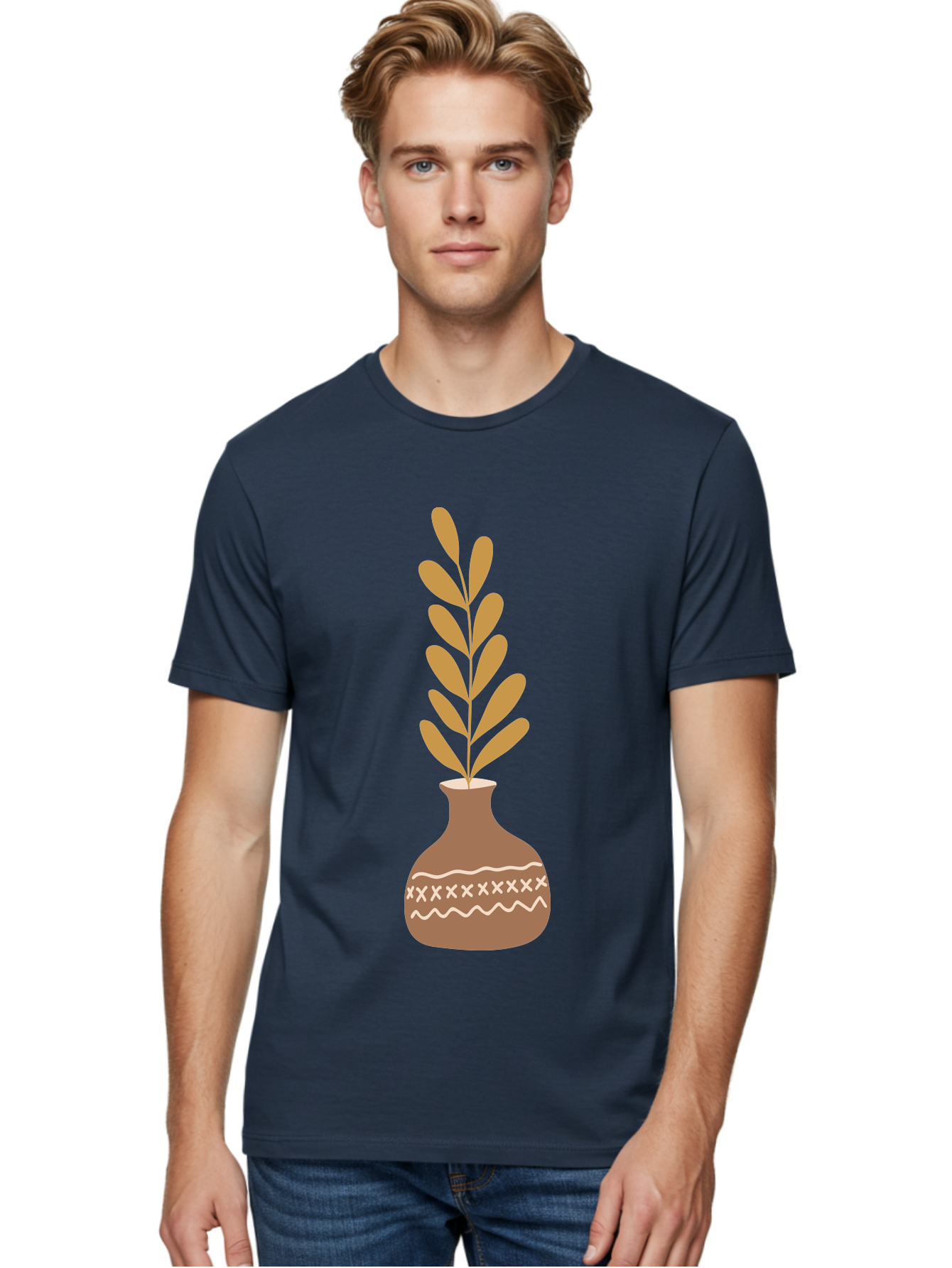 Terracotta-Vase-With-Plant Men'S Graphic Tee, 100% Cotton, Comfortable Casual Summer Wear, Machine Washable, Clay Pot, Decorative Vase, Potted Plant, Earthy Tones, Simple Design, Bohemian Style, Minimalist Art, Home Decor, Natural Elements Aae059