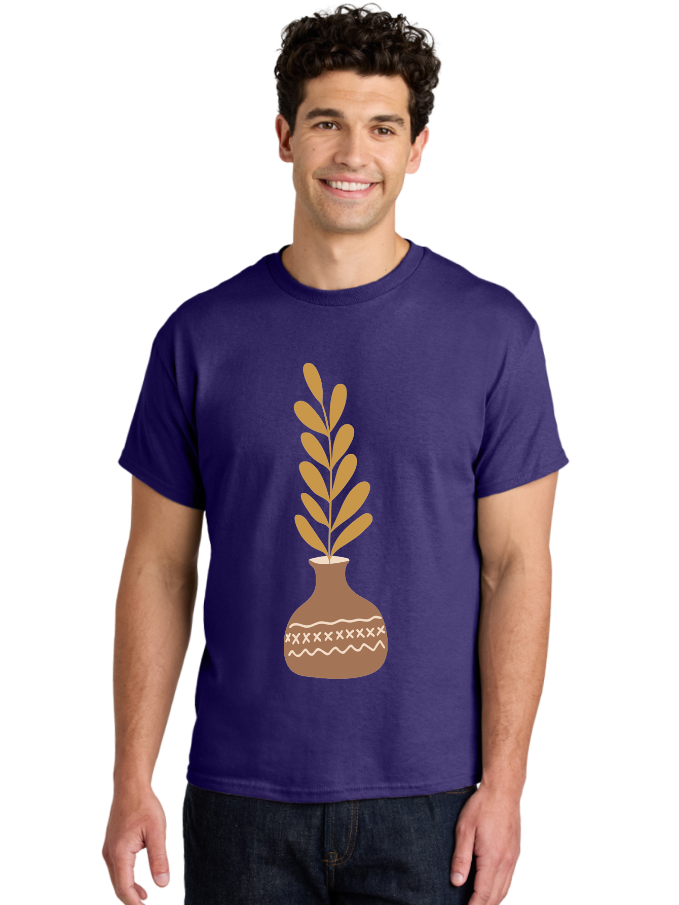 Terracotta-Vase-With-Plant Men'S Graphic Tee, 100% Cotton, Comfortable Casual Summer Wear, Machine Washable, Clay Pot, Decorative Vase, Potted Plant, Earthy Tones, Simple Design, Bohemian Style, Minimalist Art, Home Decor, Natural Elements Aae059