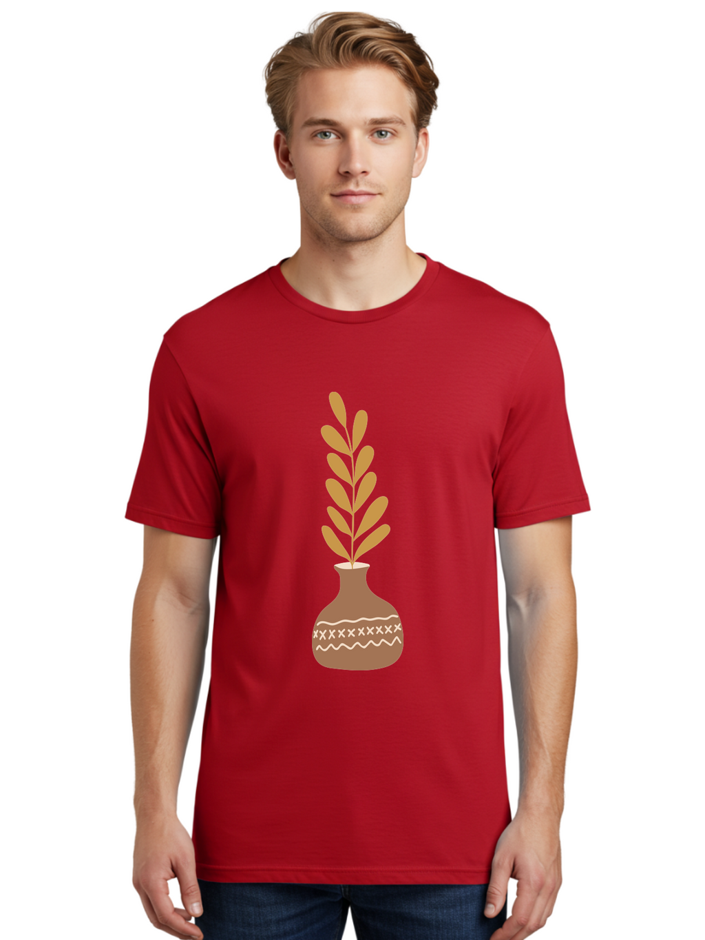 Terracotta-Vase-With-Plant Men'S Graphic Tee, 100% Cotton, Comfortable Casual Summer Wear, Machine Washable, Clay Pot, Decorative Vase, Potted Plant, Earthy Tones, Simple Design, Bohemian Style, Minimalist Art, Home Decor, Natural Elements Aae059