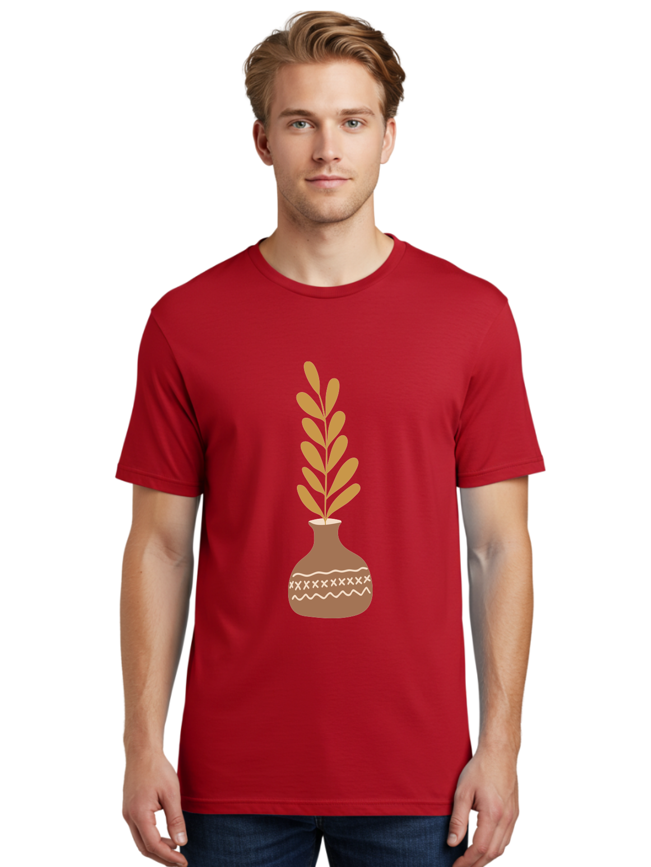 Terracotta-Vase-With-Plant Men'S Graphic Tee, 100% Cotton, Comfortable Casual Summer Wear, Machine Washable, Clay Pot, Decorative Vase, Potted Plant, Earthy Tones, Simple Design, Bohemian Style, Minimalist Art, Home Decor, Natural Elements Aae059