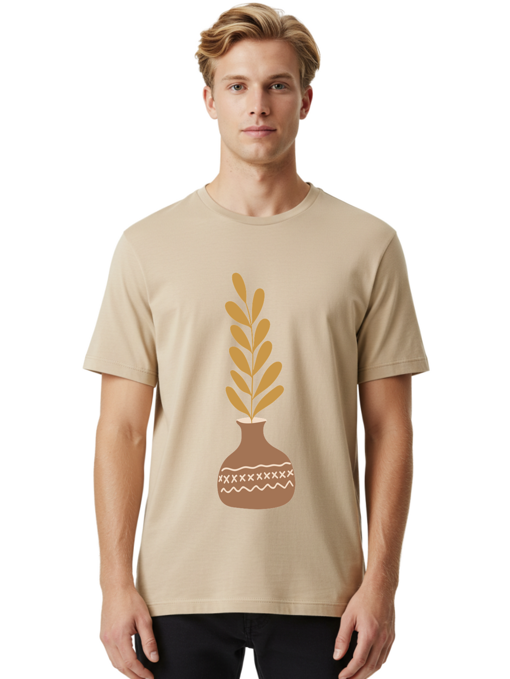 Terracotta-Vase-With-Plant Men'S Graphic Tee, 100% Cotton, Comfortable Casual Summer Wear, Machine Washable, Clay Pot, Decorative Vase, Potted Plant, Earthy Tones, Simple Design, Bohemian Style, Minimalist Art, Home Decor, Natural Elements Aae059