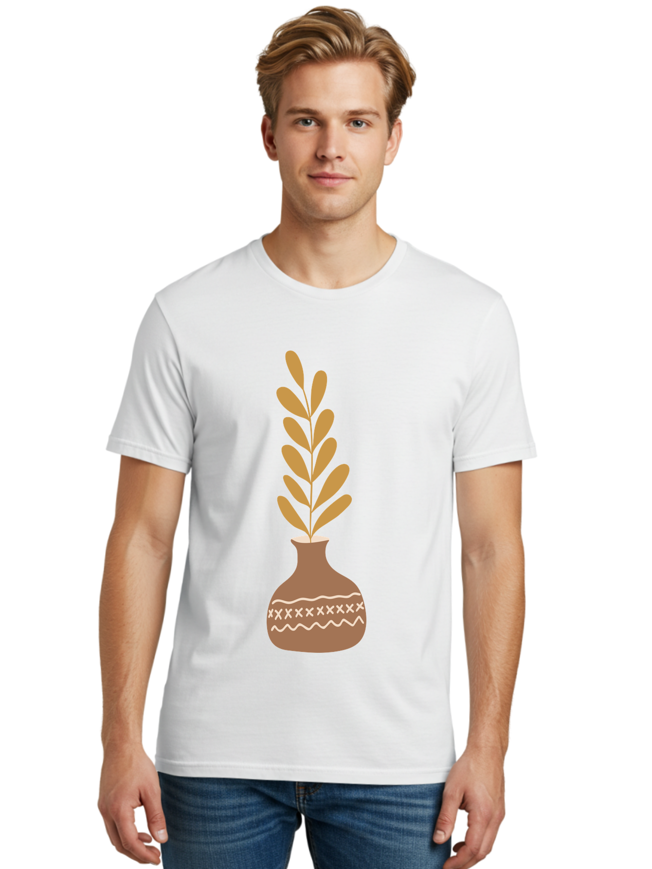 Terracotta-Vase-With-Plant Men'S Graphic Tee, 100% Cotton, Comfortable Casual Summer Wear, Machine Washable, Clay Pot, Decorative Vase, Potted Plant, Earthy Tones, Simple Design, Bohemian Style, Minimalist Art, Home Decor, Natural Elements Aae059