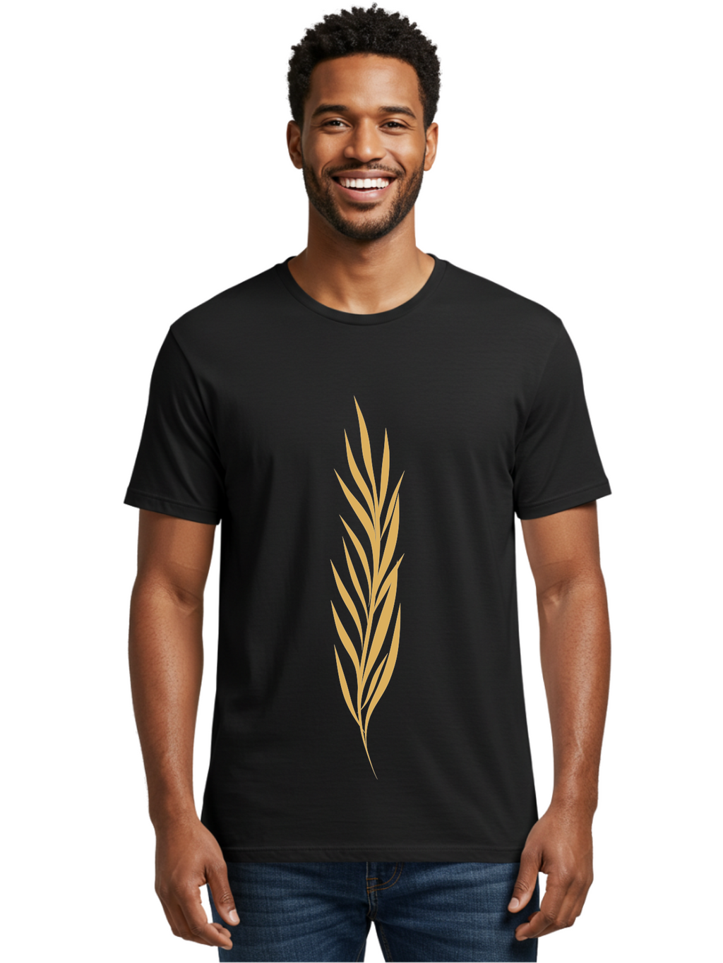 Wheat Men'S Graphic Tee, 100% Cotton, Comfortable Casual Summer Wear, Machine Washable, Palm Frond, Tropical Leaf, Minimalist Design, Simple Graphics, Beige Colors, Symmetrical Shape, Abstract Art Aae061