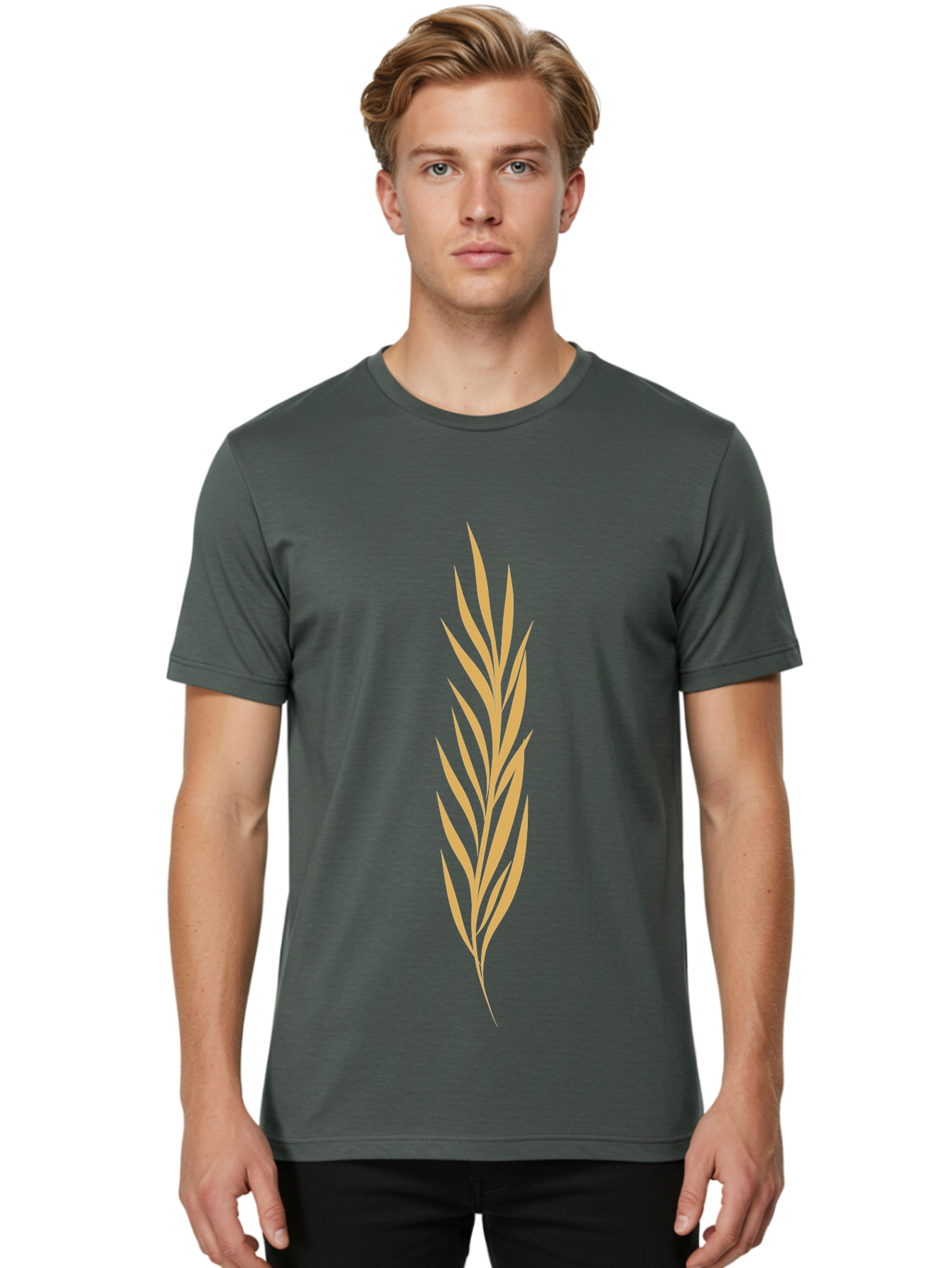 Wheat Men'S Graphic Tee, 100% Cotton, Comfortable Casual Summer Wear, Machine Washable, Palm Frond, Tropical Leaf, Minimalist Design, Simple Graphics, Beige Colors, Symmetrical Shape, Abstract Art Aae061