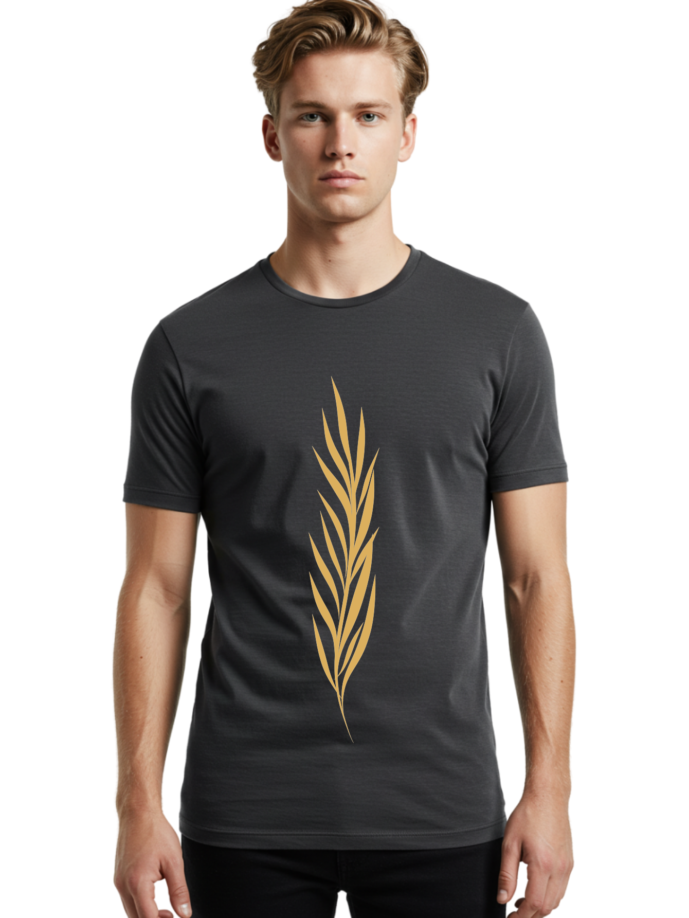 Wheat Men'S Graphic Tee, 100% Cotton, Comfortable Casual Summer Wear, Machine Washable, Palm Frond, Tropical Leaf, Minimalist Design, Simple Graphics, Beige Colors, Symmetrical Shape, Abstract Art Aae061
