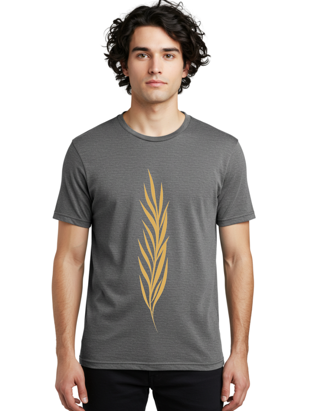 Wheat Men'S Graphic Tee, 100% Cotton, Comfortable Casual Summer Wear, Machine Washable, Palm Frond, Tropical Leaf, Minimalist Design, Simple Graphics, Beige Colors, Symmetrical Shape, Abstract Art Aae061